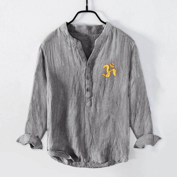 Buddha Stones OM Symbol Mandala Pattern Half Buttons Men's Cotton Linen Long Sleeve Shirt - image 7
