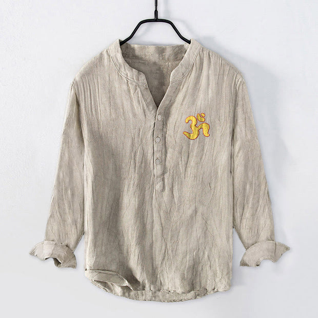 Buddha Stones OM Symbol Mandala Pattern Half Buttons Men's Cotton Linen Long Sleeve Shirt - image 4