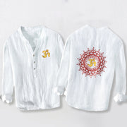 Buddha Stones OM Symbol Mandala Pattern Half Buttons Men's Cotton Linen Long Sleeve Shirt - White - US/UK/AU50，EU60 (5XL) - image 0