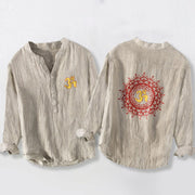 Buddha Stones OM Symbol Mandala Pattern Half Buttons Men's Cotton Linen Long Sleeve Shirt - Linen - US/UK/AU50，EU60 (5XL) - image 3