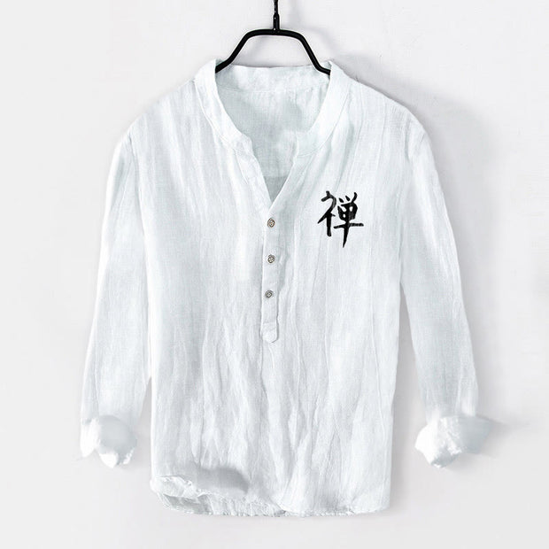 Buddha Stones Zen Character Pine Tree Sun Pattern Half Buttons Men's Cotton Linen Long Sleeve Shirt - image 7