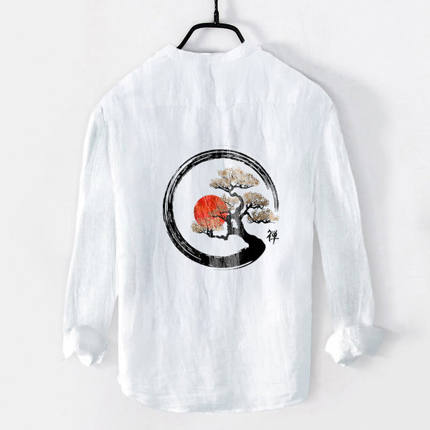 Buddha Stones Zen Character Pine Tree Sun Pattern Half Buttons Men's Cotton Linen Long Sleeve Shirt - image 8