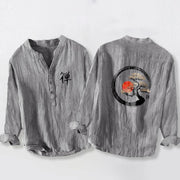 Buddha Stones Zen Character Pine Tree Sun Pattern Half Buttons Men's Cotton Linen Long Sleeve Shirt - Gray - US/UK/AU50，EU60 (5XL) - image 0