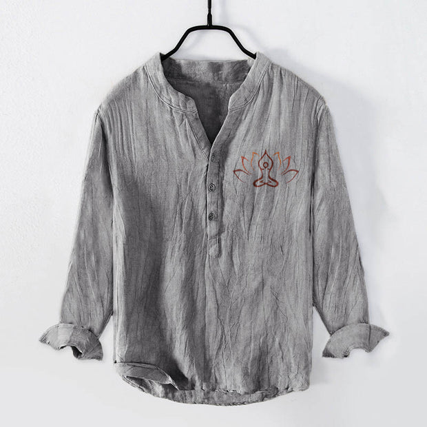 Buddha Stones Lotus Meditating Figure Pattern Half Buttons Men's Cotton Linen Long Sleeve Shirt - Gray - US/UK/AU50，EU60 (5XL) - image 3