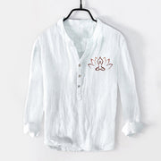 Buddha Stones Lotus Meditating Figure Pattern Half Buttons Men's Cotton Linen Long Sleeve Shirt - White - US/UK/AU50，EU60 (5XL) - image 6