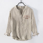 Buddha Stones Lotus Meditating Figure Pattern Half Buttons Men's Cotton Linen Long Sleeve Shirt - Linen - US/UK/AU50，EU60 (5XL) - image 0