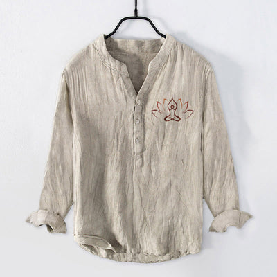 Buddha Stones Lotus Meditating Figure Pattern Half Buttons Men's Cotton Linen Long Sleeve Shirt - Linen - US/UK/AU50，EU60 (5XL) - image 0