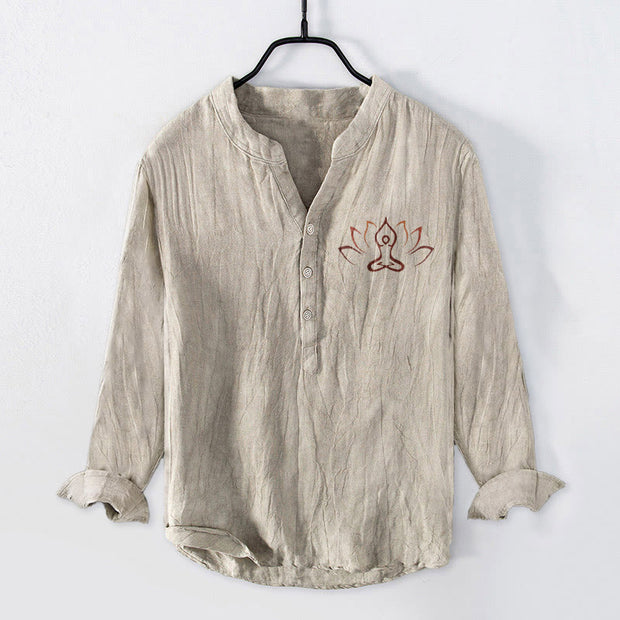Buddha Stones Lotus Meditating Figure Pattern Half Buttons Men's Cotton Linen Long Sleeve Shirt - Linen - US/UK/AU50，EU60 (5XL) - image 0