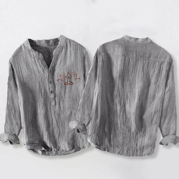 Buddha Stones Lotus Meditating Figure Pattern Half Buttons Men's Cotton Linen Long Sleeve Shirt - image 5