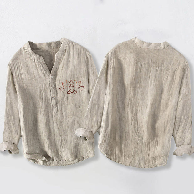 Buddha Stones Lotus Meditating Figure Pattern Half Buttons Men's Cotton Linen Long Sleeve Shirt - image 2