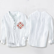 Buddha Stones Sun-shaped OM Symbol Pattern Half Buttons Men's Cotton Linen Long Sleeve Shirt - image 8