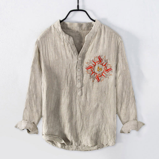 Buddha Stones Sun-shaped OM Symbol Pattern Half Buttons Men's Cotton Linen Long Sleeve Shirt - Linen - US/UK/AU50，EU60 (5XL) - image 0