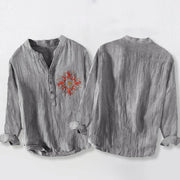 Buddha Stones Sun-shaped OM Symbol Pattern Half Buttons Men's Cotton Linen Long Sleeve Shirt - image 5