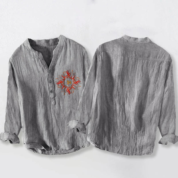 Buddha Stones Sun-shaped OM Symbol Pattern Half Buttons Men's Cotton Linen Long Sleeve Shirt - image 5
