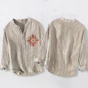 Buddha Stones Sun-shaped OM Symbol Pattern Half Buttons Men's Cotton Linen Long Sleeve Shirt - image 2