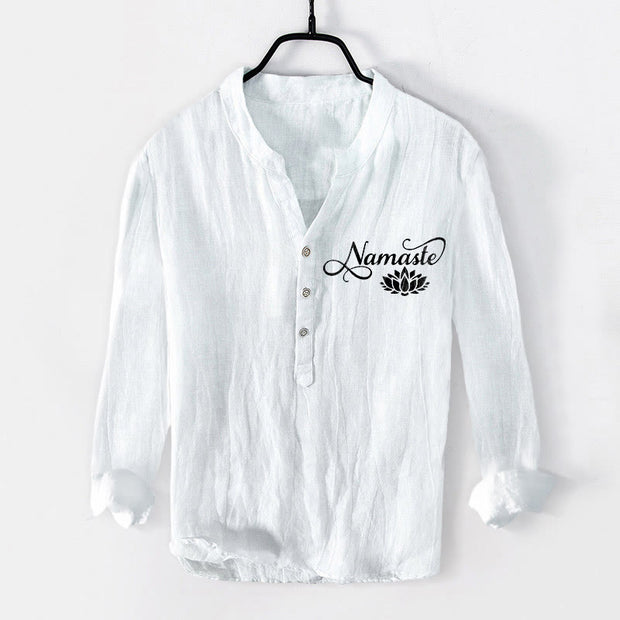 Buddha Stones "Namaste" Lotus Flower Half Buttons Design Long Sleeve Men's Cotton Linen Shirt - White - US/UK/AU50，EU60 (5XL) - image 6