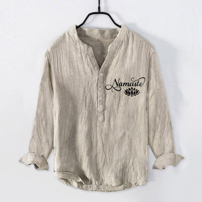 Buddha Stones "Namaste" Lotus Flower Half Buttons Design Long Sleeve Men's Cotton Linen Shirt - Linen - US/UK/AU50，EU60 (5XL) - image 0