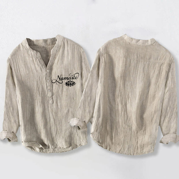 Buddha Stones "Namaste" Lotus Flower Half Buttons Design Long Sleeve Men's Cotton Linen Shirt - image 2