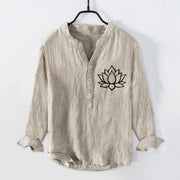 Buddha Stones Line-art Lotus Flower Pattern Half Buttons Men's Cotton Linen Long Sleeve Shirt - Linen - US/UK/AU50，EU60 (5XL) - image 3