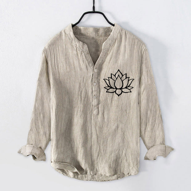Buddha Stones Line-art Lotus Flower Pattern Half Buttons Men's Cotton Linen Long Sleeve Shirt - Linen - US/UK/AU50，EU60 (5XL) - image 3