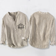 Buddha Stones Line-art Lotus Flower Pattern Half Buttons Men's Cotton Linen Long Sleeve Shirt - image 5