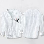 Buddha Stones Flying Crane Sun Pattern Half Buttons Men's Cotton Linen Long Sleeve Shirt - image 8