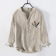 Buddha Stones Flying Crane Sun Pattern Half Buttons Men's Cotton Linen Long Sleeve Shirt - Linen - US/UK/AU50，EU60 (5XL) - image 0