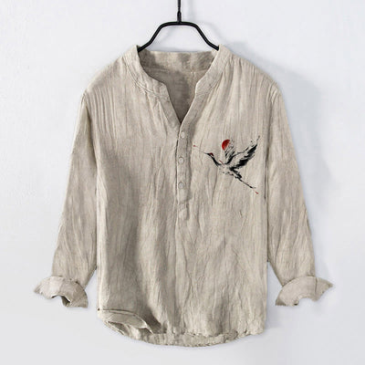 Buddha Stones Flying Crane Sun Pattern Half Buttons Men's Cotton Linen Long Sleeve Shirt - Linen - US/UK/AU50，EU60 (5XL) - image 0