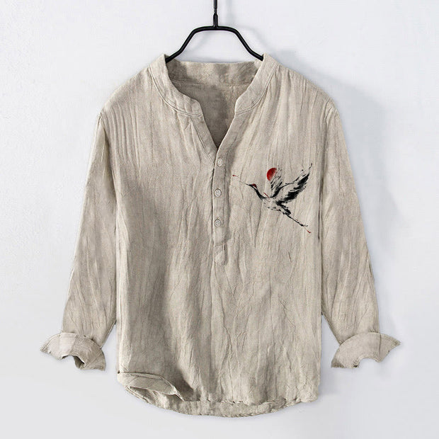 Buddha Stones Flying Crane Sun Pattern Half Buttons Men's Cotton Linen Long Sleeve Shirt - Linen - US/UK/AU50，EU60 (5XL) - image 0