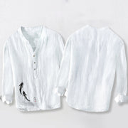 Buddha Stones Two Koi Fish Pattern Half Buttons Men's Cotton Linen Long Sleeve Shirt - image 8