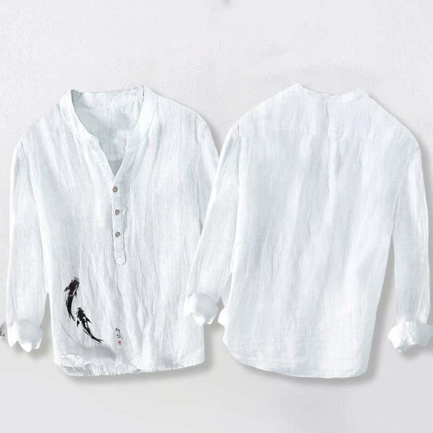 Buddha Stones Two Koi Fish Pattern Half Buttons Men's Cotton Linen Long Sleeve Shirt - image 8