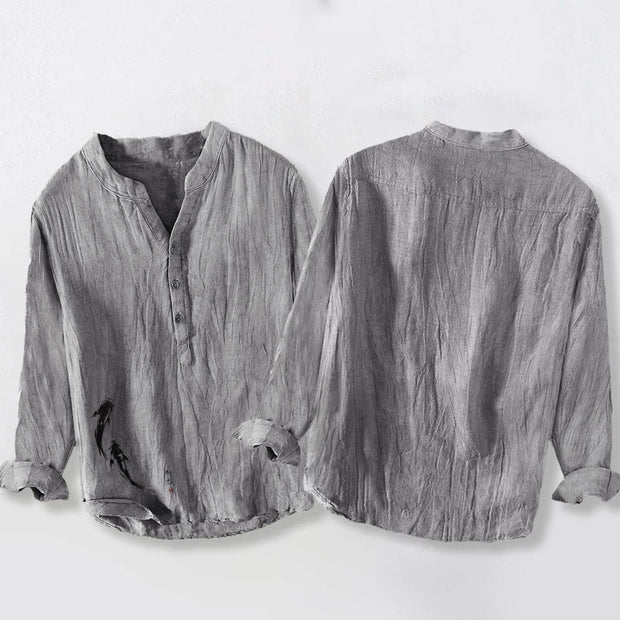 Buddha Stones Two Koi Fish Pattern Half Buttons Men's Cotton Linen Long Sleeve Shirt - image 5
