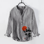 Buddha Stones Bamboo Leaves Red Sun Pattern Half Buttons Men's Cotton Linen Long Sleeve Shirt - Gray - US/UK/AU50，EU60 (5XL) - image 3