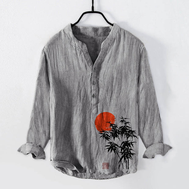 Buddha Stones Bamboo Leaves Red Sun Pattern Half Buttons Men's Cotton Linen Long Sleeve Shirt - Gray - US/UK/AU50，EU60 (5XL) - image 3