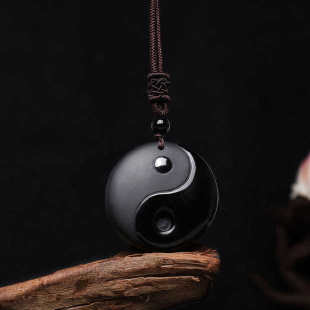 Buddha Stones "Sending Balance and Protection" Obsidian Yin Yang Necklace Includes Gift Message Card - image 1
