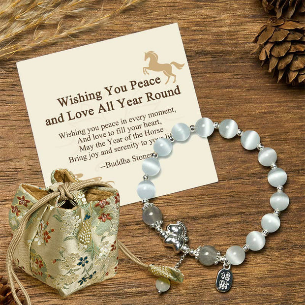 Buddha Stones "Wishing You Peace and Love All Year Round" Year of the Horse Includes Gift Message Card - Cat's Eye Rose Quartz(Wrist Circumference 14-16cm) - Standard Gift Box - image 0