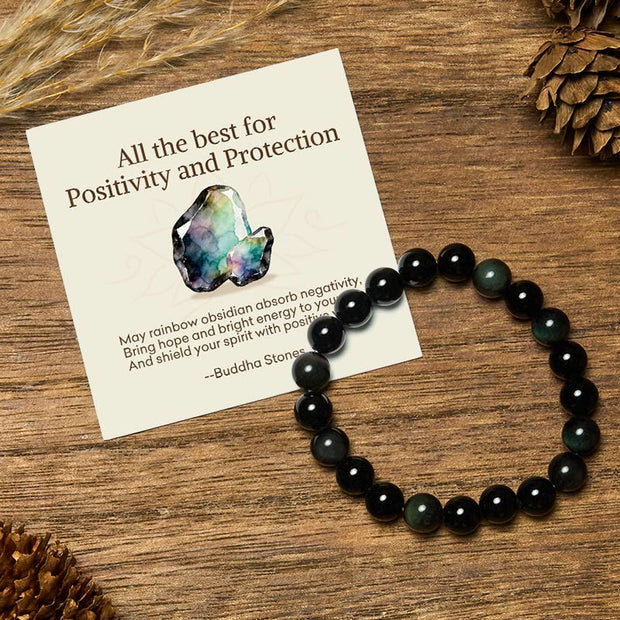 Buddha Stones "All the Best for Love and Harmony" Stone Quartz Bracelet Includes Gift Message Card - 8mm - Rainbow Obsidian - Standard Gift Box - image 11