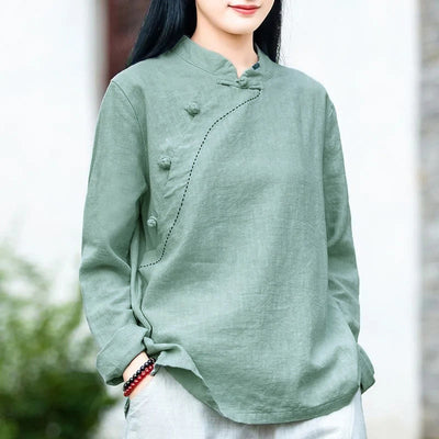 Buddha Stones Oblique Collar Knot button Loose Linen Clothing - PaleTurquoise - US14，UK/AU18，EU46 (4XL) - image 0