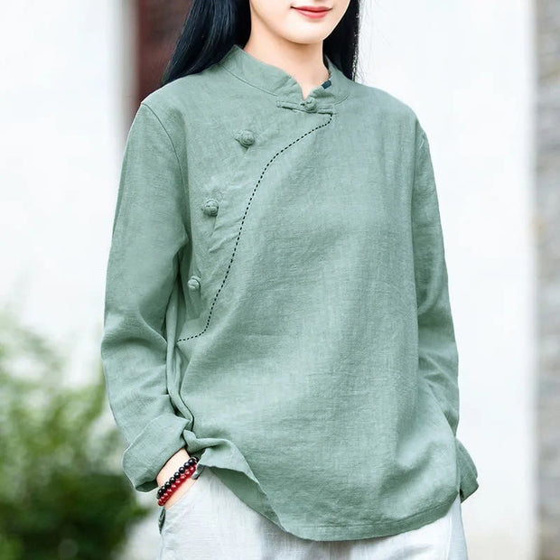 Buddha Stones Oblique Collar Knot button Loose Linen Clothing - PaleTurquoise - US14，UK/AU18，EU46 (4XL) - image 0