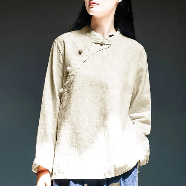 Buddha Stones Oblique Collar Knot button Loose Linen Clothing - White - US14，UK/AU18，EU46 (4XL) - image 11