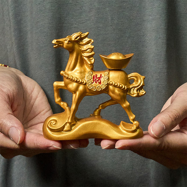 Buddha Stones Chinese Zodiac Horse Charm Copper Coins Attract Fortune Prosperity Home Decoration - Horse Wealth Ingot(With Base) - image 0
