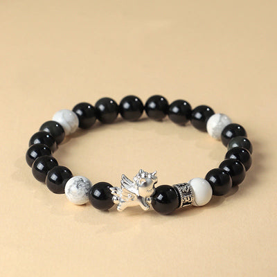 Buddha Stones 999 Sterling Silver Year of the Horse Natural Black Obsidian  Bodhi Seed Strength Bracelet - Black Obsidian(Wrist Circumference:13-15cm) - image 0