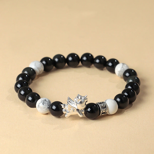 Buddha Stones 999 Sterling Silver Year of the Horse Natural Black Obsidian  Bodhi Seed Strength Bracelet - Black Obsidian(Wrist Circumference:13-15cm) - image 0