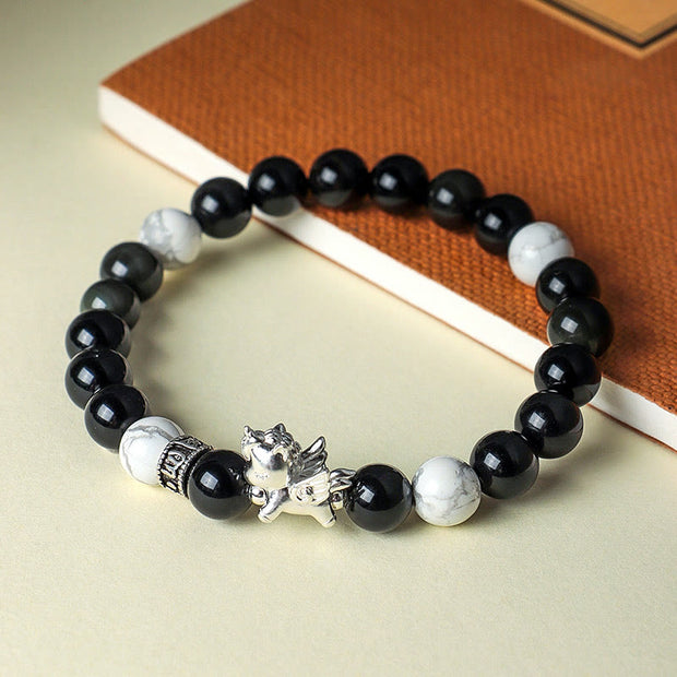 Buddha Stones 999 Sterling Silver Year of the Horse Natural Black Obsidian  Bodhi Seed Strength Bracelet - image 2