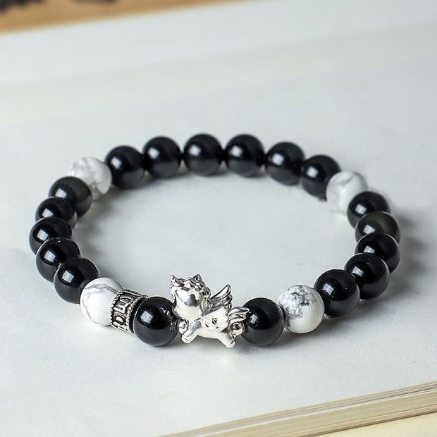 Buddha Stones 999 Sterling Silver Year of the Horse Natural Black Obsidian  Bodhi Seed Strength Bracelet - image 3