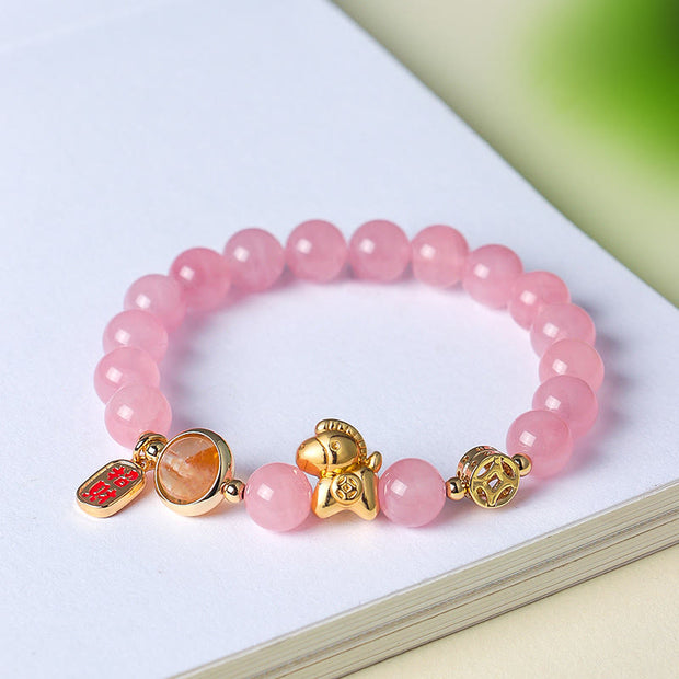 Buddha Stones Year of the Horse Natural 8mm Black Obsidian Red Agate Pink Crystal Strength Bracelet - image 12