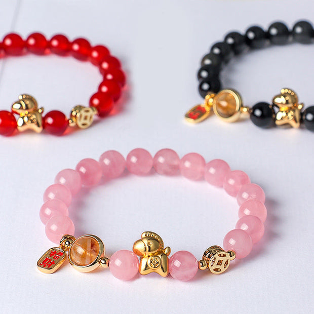 Buddha Stones Year of the Horse Natural 8mm Black Obsidian Red Agate Pink Crystal Strength Bracelet - image 17