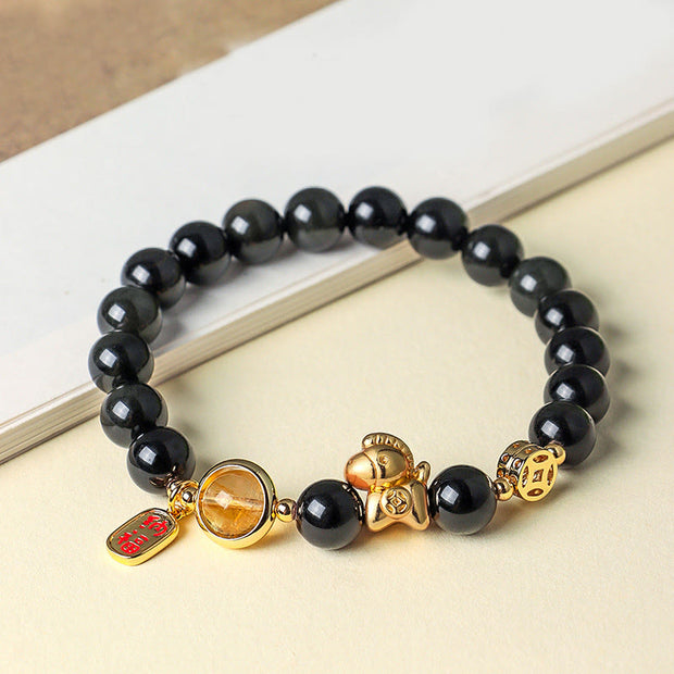 Buddha Stones Year of the Horse Natural 8mm Black Obsidian Red Agate Pink Crystal Strength Bracelet - image 2