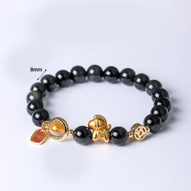 Buddha Stones Year of the Horse Natural 8mm Black Obsidian Red Agate Pink Crystal Strength Bracelet - image 1