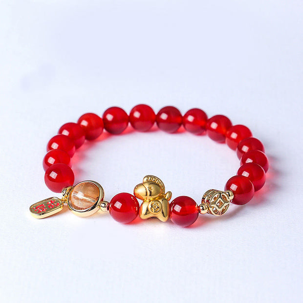Buddha Stones Year of the Horse Natural 8mm Black Obsidian Red Agate Pink Crystal Strength Bracelet - Red Agate(Wrist Circumference:13-15cm) - image 5